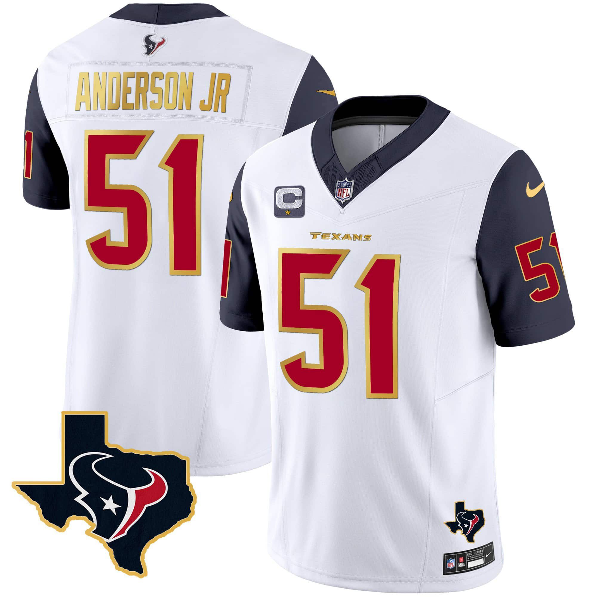 Men Houston Texans #51 Anderson jr White Gold 2024 Nike Trim Vapor NFL Jersey style 1